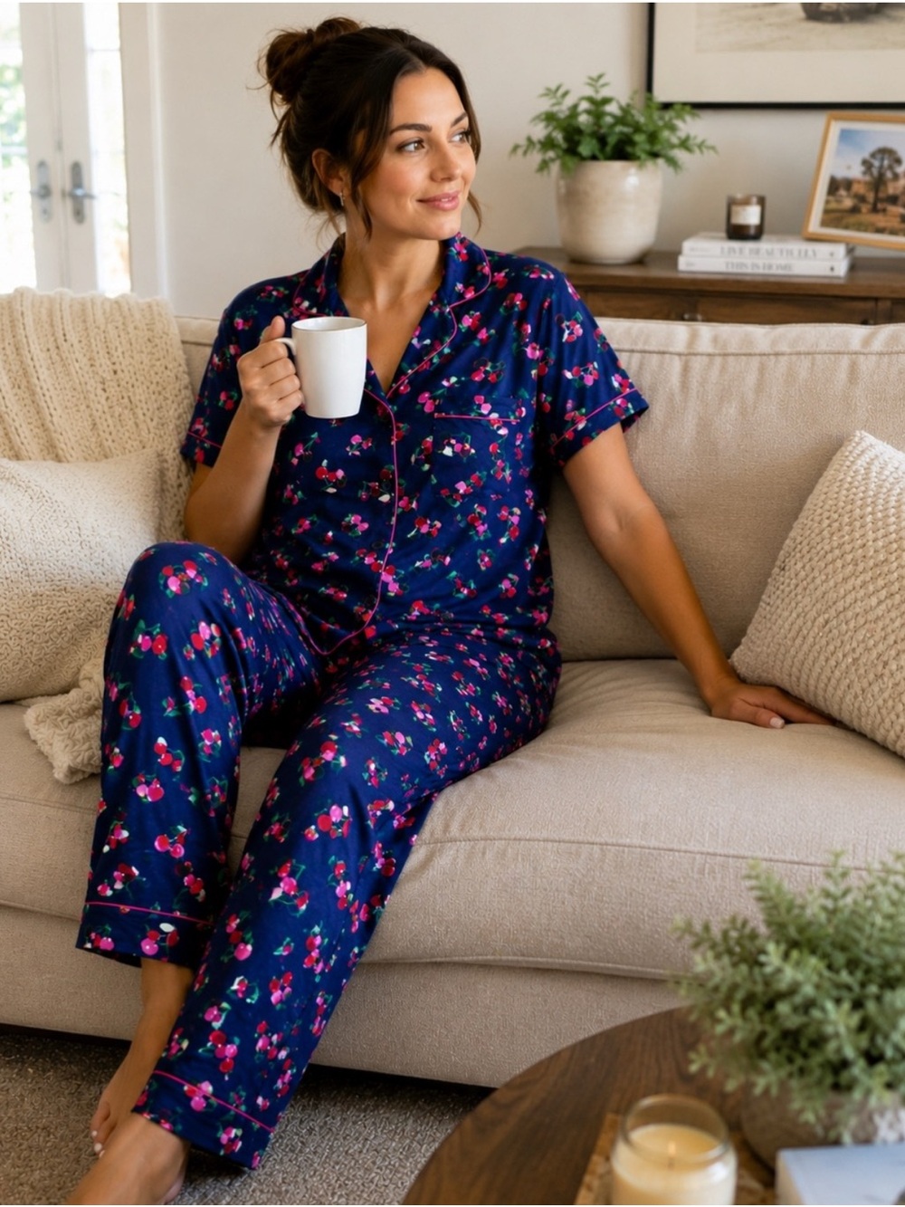 Kate Spade Navy Cherry-Print Pajama Set with Red & Pink Cherries